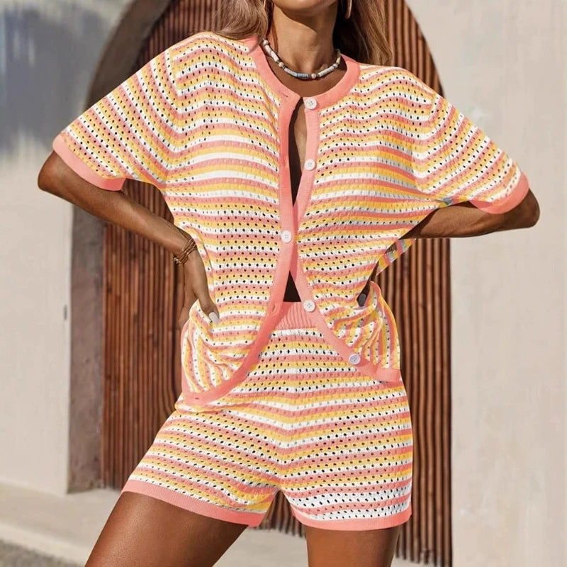 Sola Knitted Co Ord Set | Lightweight Knit, Striped Cardigan & Shorts 1