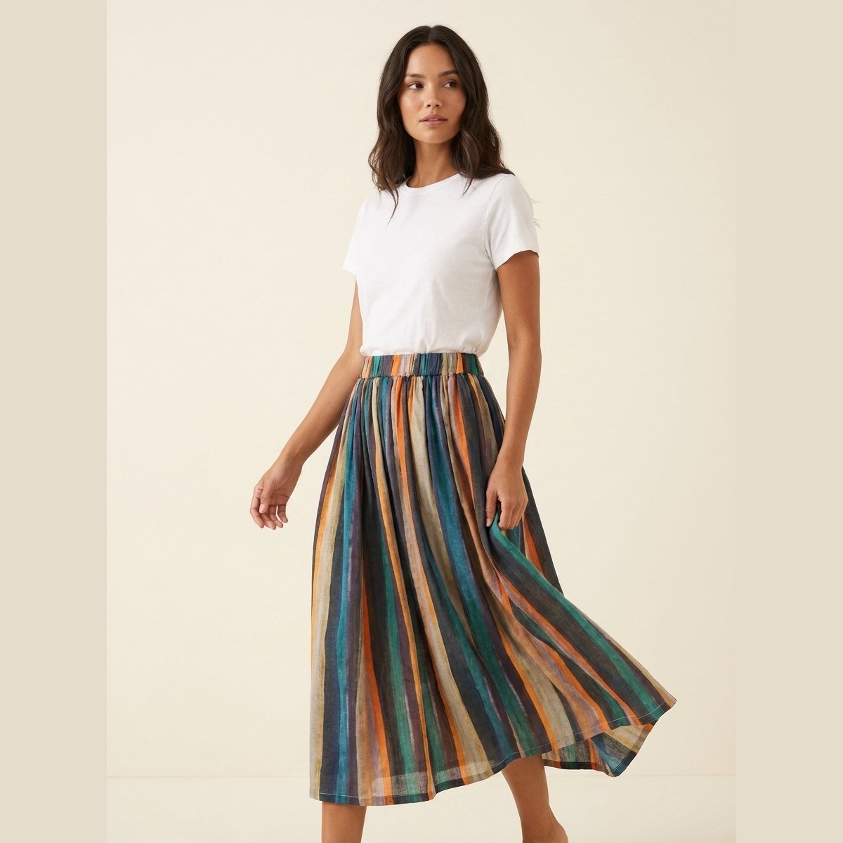 Sora A-Line Skirt | Striped Retro Print, Linen Blend 1
