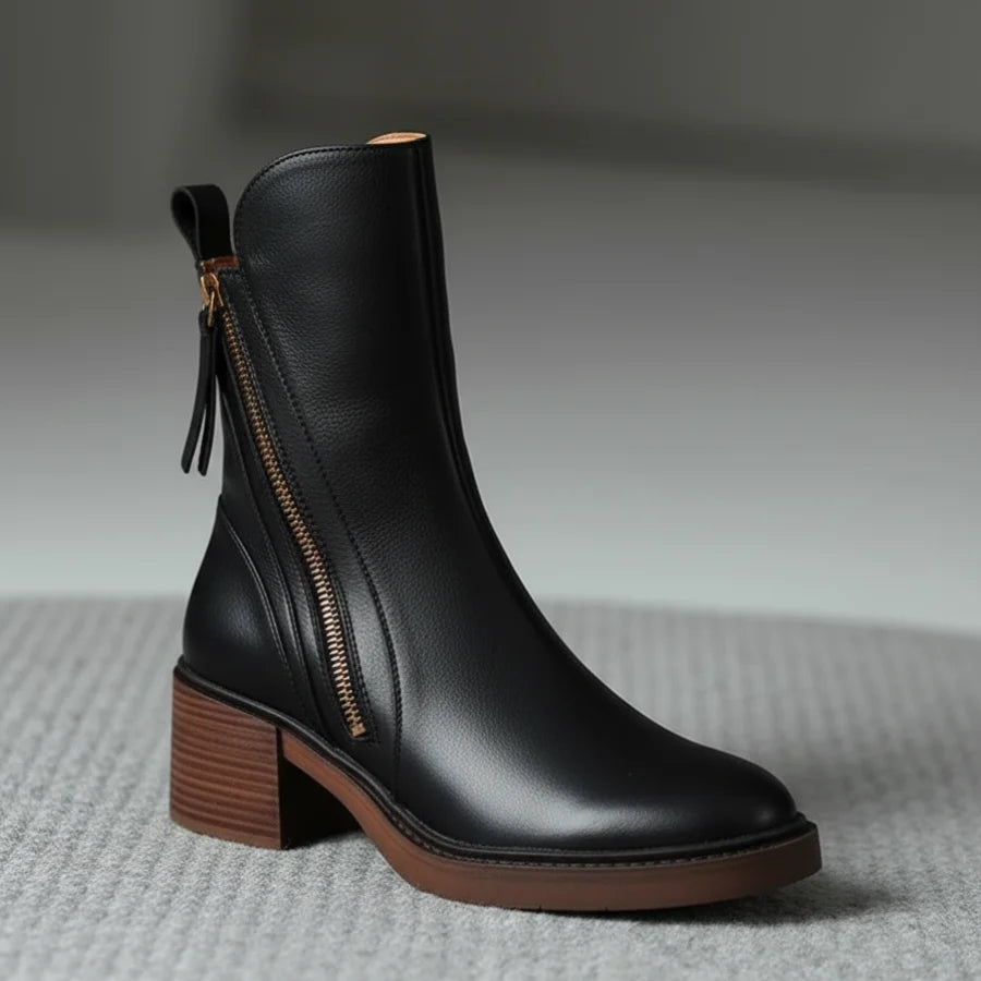 Vera Block Heel Boots | Faux Leather, Round Toe, Black 0