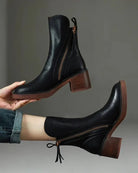 Vera Block Heel Boots | Faux Leather, Round Toe, Black 1