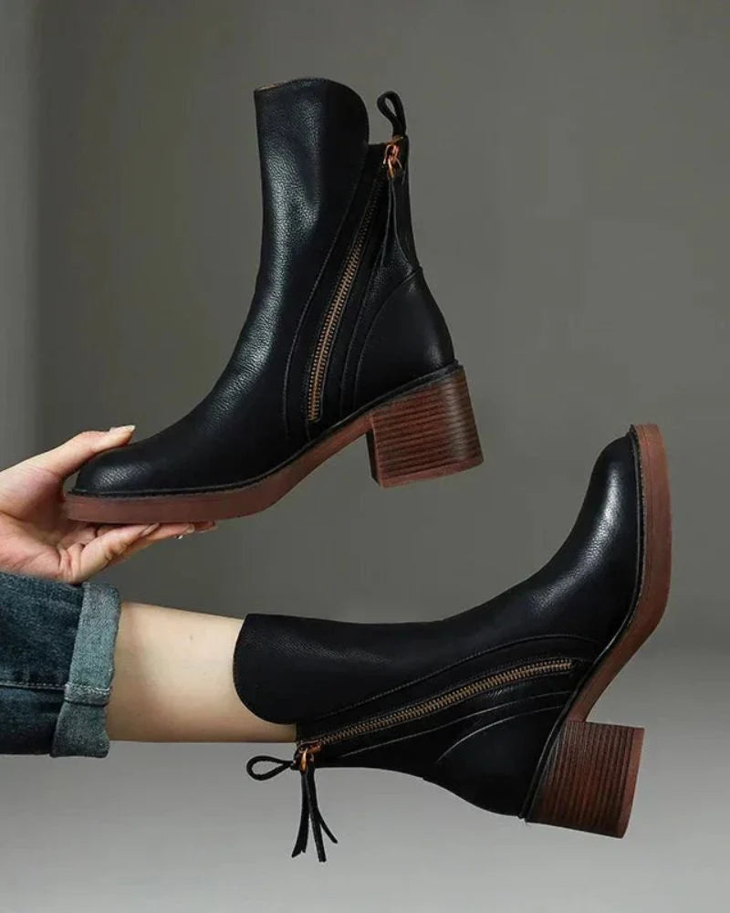 Vera Block Heel Boots | Faux Leather, Round Toe, Black 1