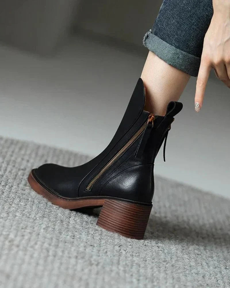 Vera Block Heel Boots | Faux Leather, Round Toe, Black 3