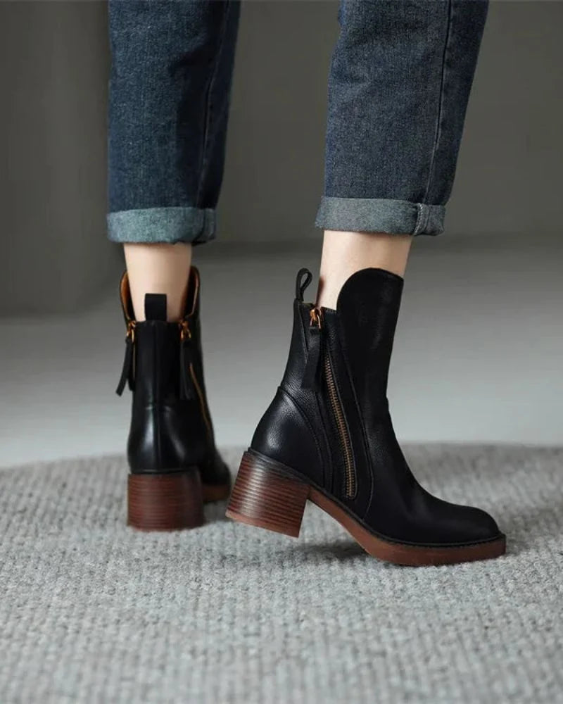 Vera Block Heel Boots | Faux Leather, Round Toe, Black 4