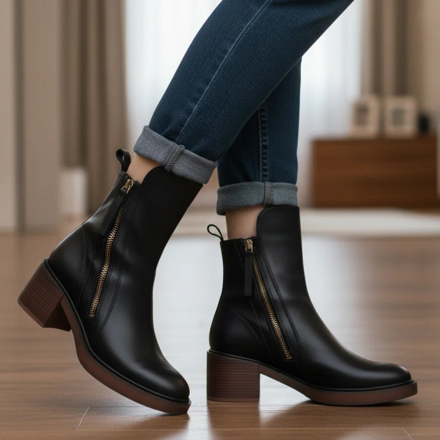 Vera Block Heel Boots | Faux Leather, Round Toe, Black 5