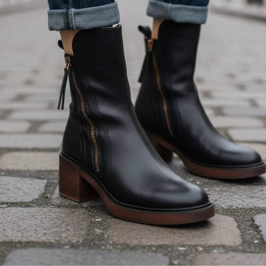 Vera Block Heel Boots | Faux Leather, Round Toe, Black 7