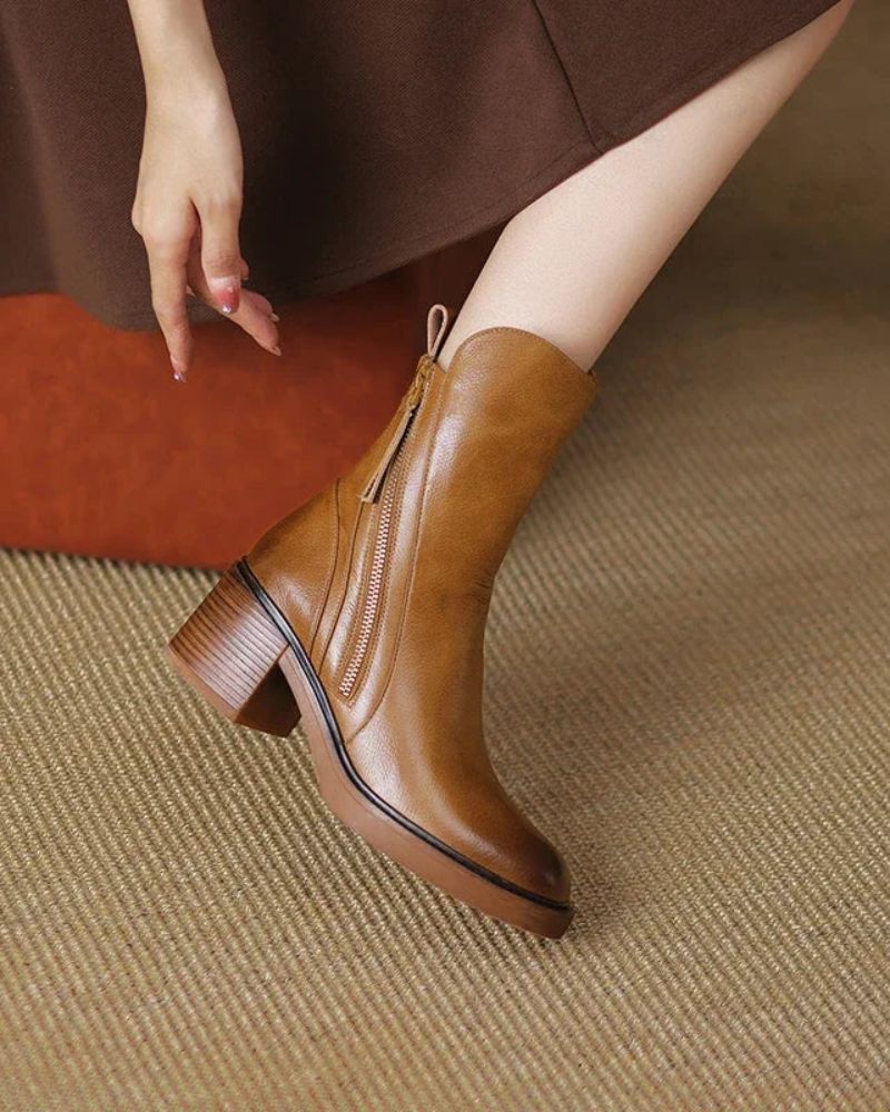 Vera Block Heel Boots | Faux Leather, Round Toe, Black 9