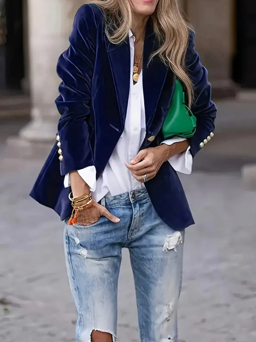 Vera Velvet Blazer | Navy with Gold Buttons, Tailored Fit 3