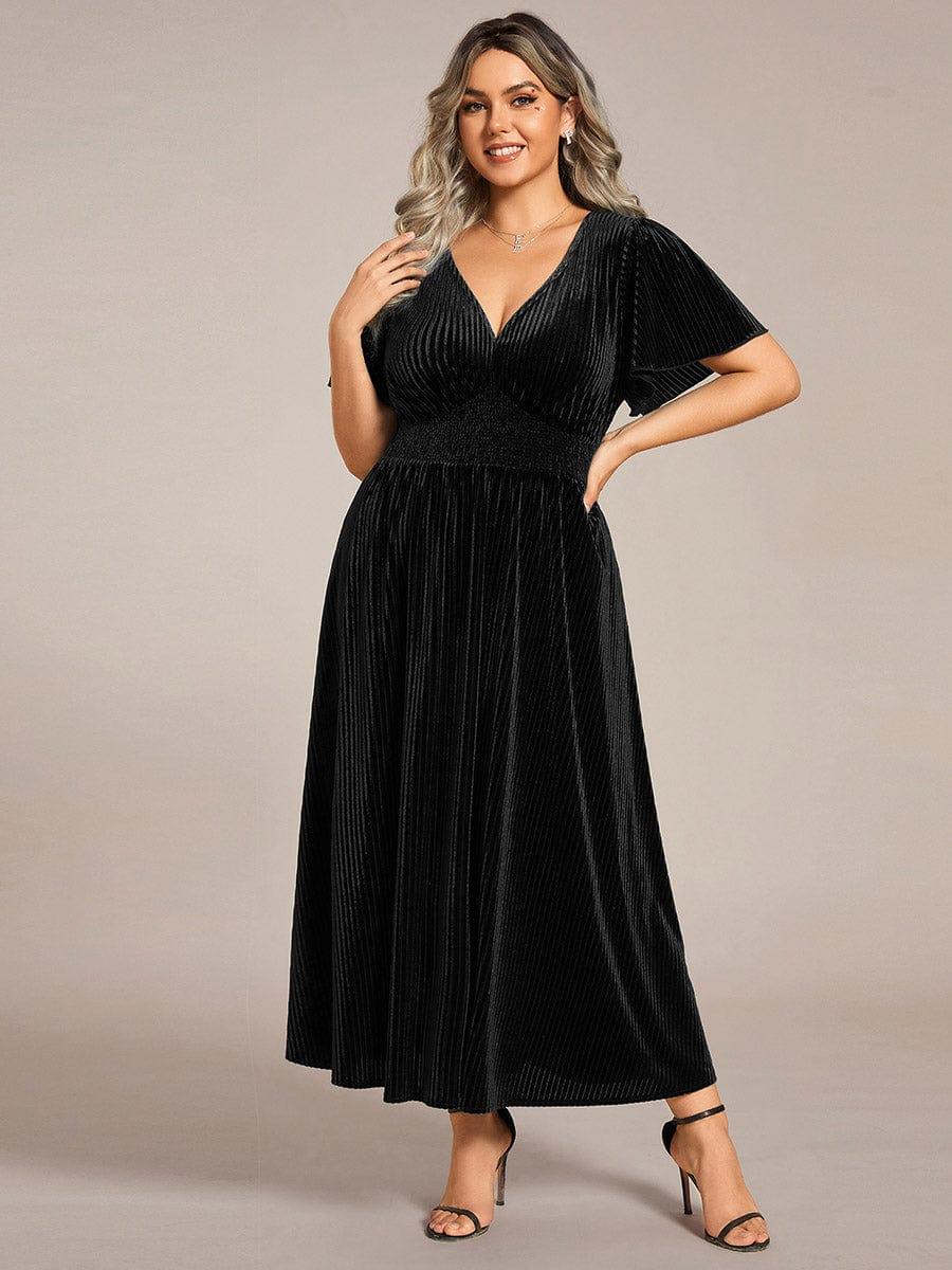 Vera Velvet Dress | Plus Size A-Line Cocktail Dress, Tea-Length, V-Neck 11