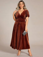 Vera Velvet Dress | Plus Size A-Line Cocktail Dress, Tea-Length, V-Neck 4