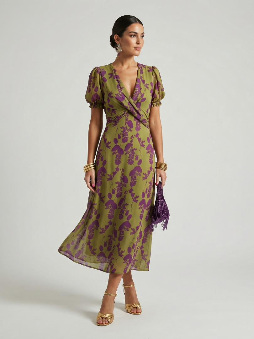 Virel Floral Midi Dress | Lightweight Wrap Style, Short Sleeves 0