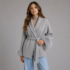 Women's Belted Wool-Blend Wrap Coat with Faux Fur Trim 0