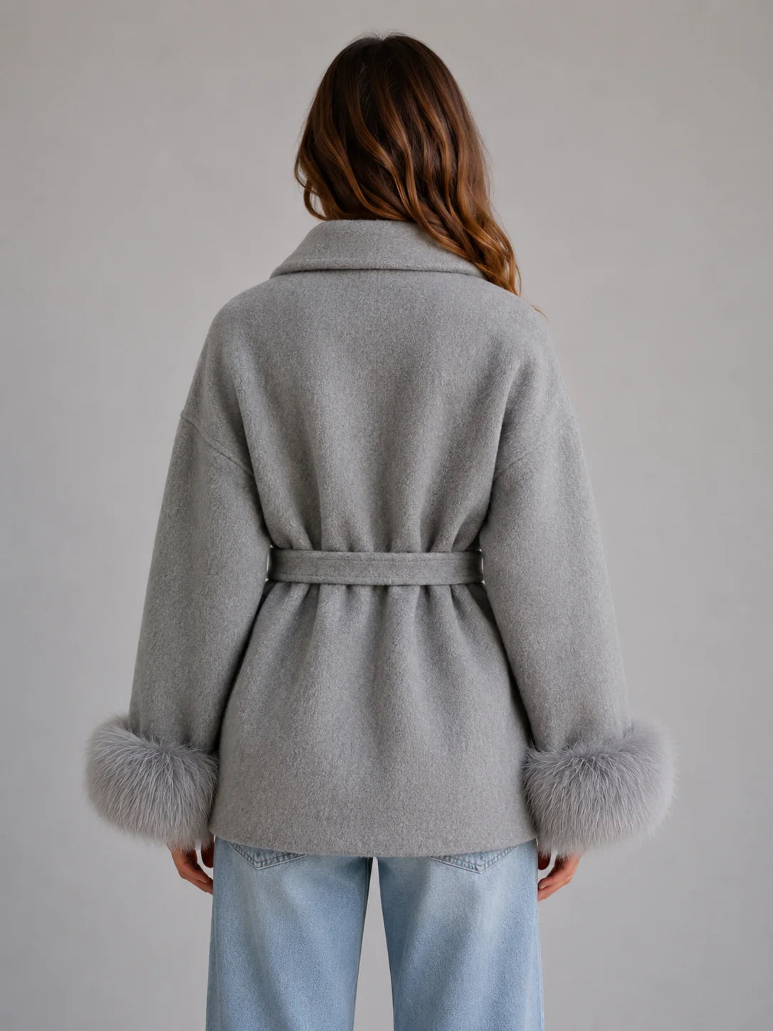 Women's Belted Wool-Blend Wrap Coat with Faux Fur Trim 1