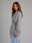 Women's Belted Wool-Blend Wrap Coat with Faux Fur Trim 2