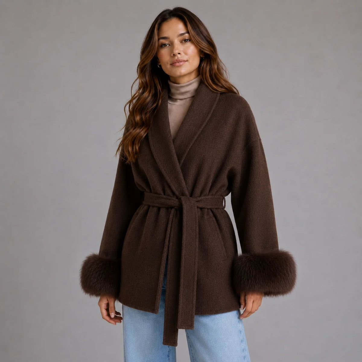 Women's Belted Wool-Blend Wrap Coat with Faux Fur Trim 4