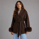 Women's Belted Wool-Blend Wrap Coat with Faux Fur Trim 4