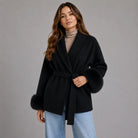 Women's Belted Wool-Blend Wrap Coat with Faux Fur Trim 5