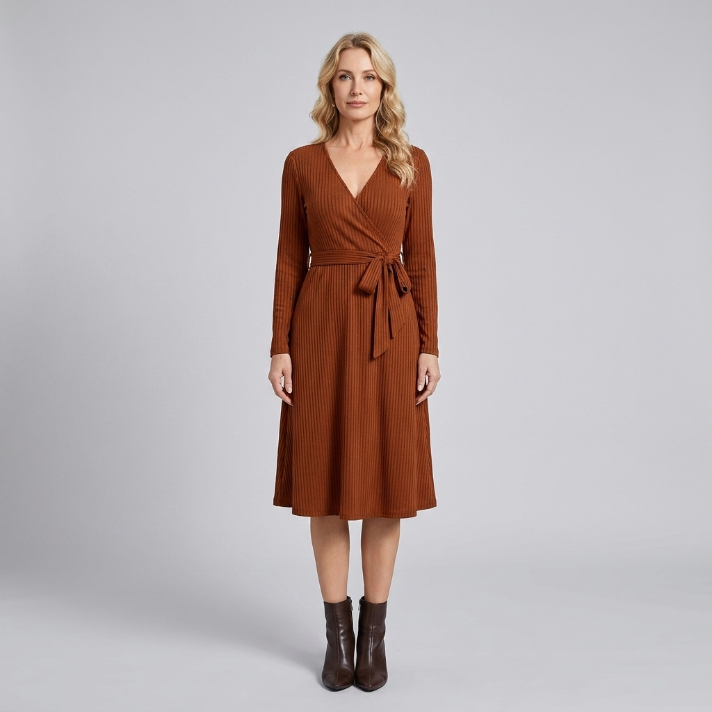 Wynne Knit Midi Dress | Ribbed Polyester, Belted with Pockets 9