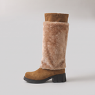 Alpi faux fur mid-calf boot in brown, side view, fur cuff pulled up