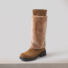 Alpi faux fur chunky heel mid-calf boot in brown, fur cuff pulled up
