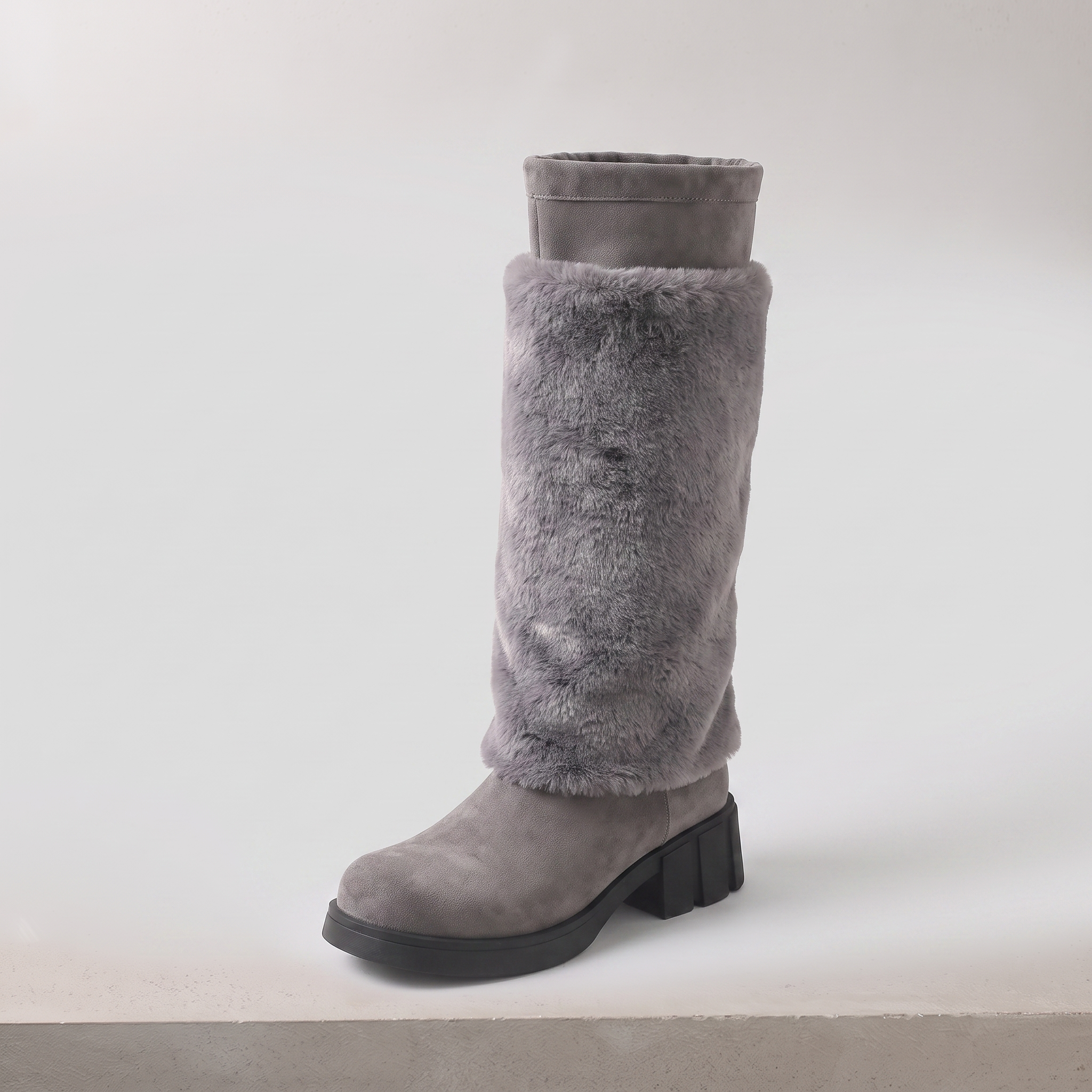 Alpi faux fur chunky heel mid-calf boot in grey, fur cuff pulled up