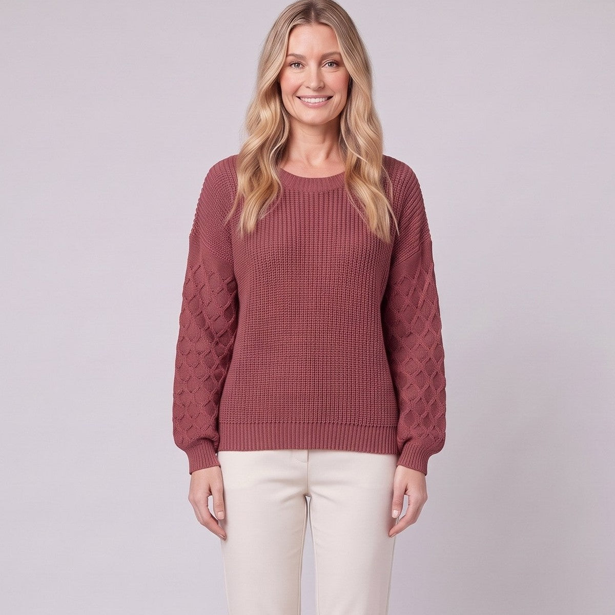 Amalie ribbed pullover dusty rose close-up of diamond-textured sleeve