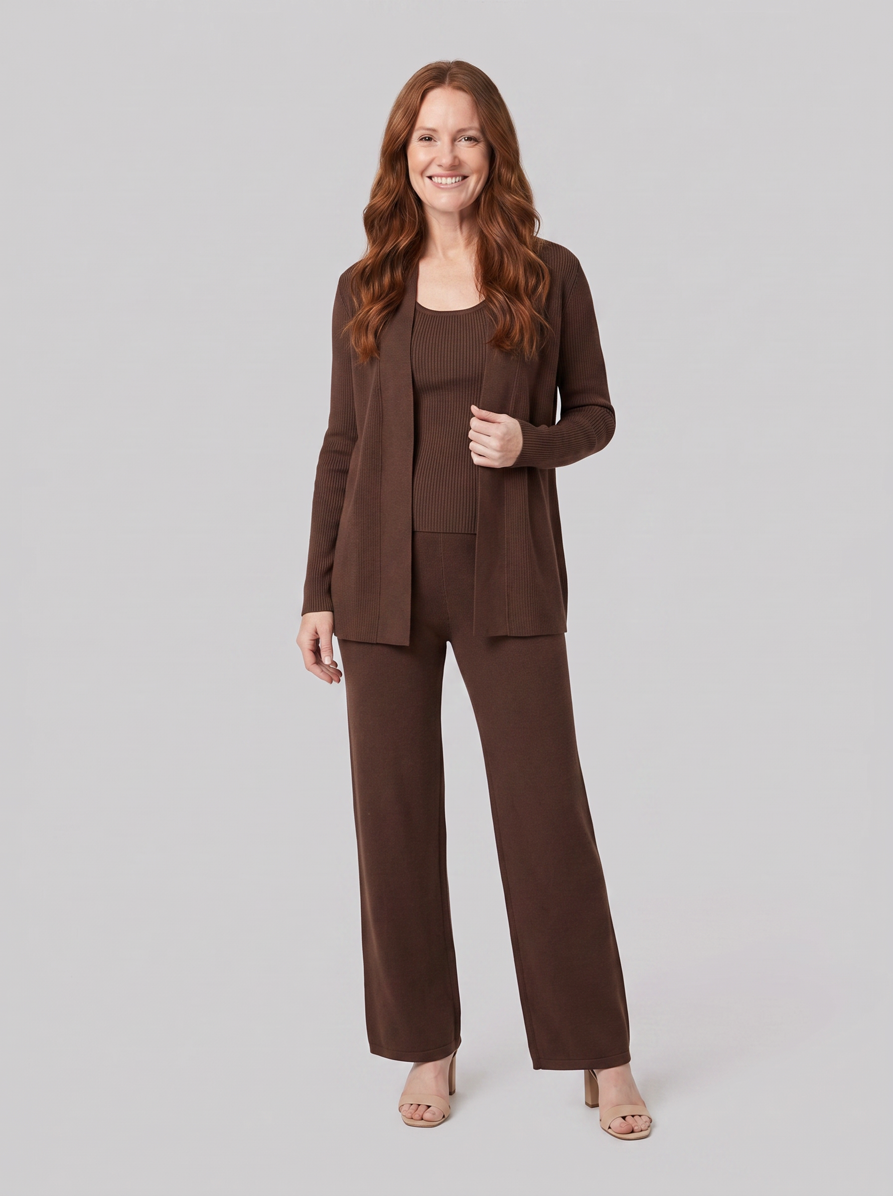 Anouk three-piece ribbed knit lounge set in brown on model