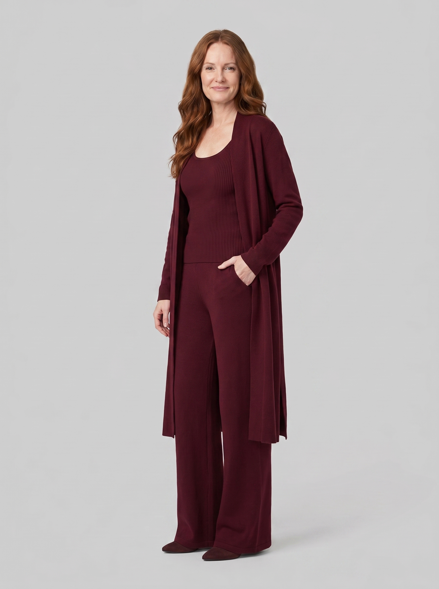 Anouk three-piece ribbed knit lounge set in burgundy on model