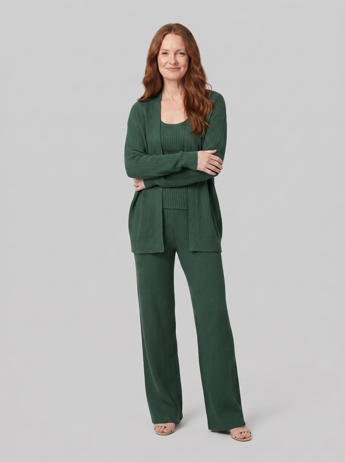Anouk three-piece ribbed knit lounge set in green on model