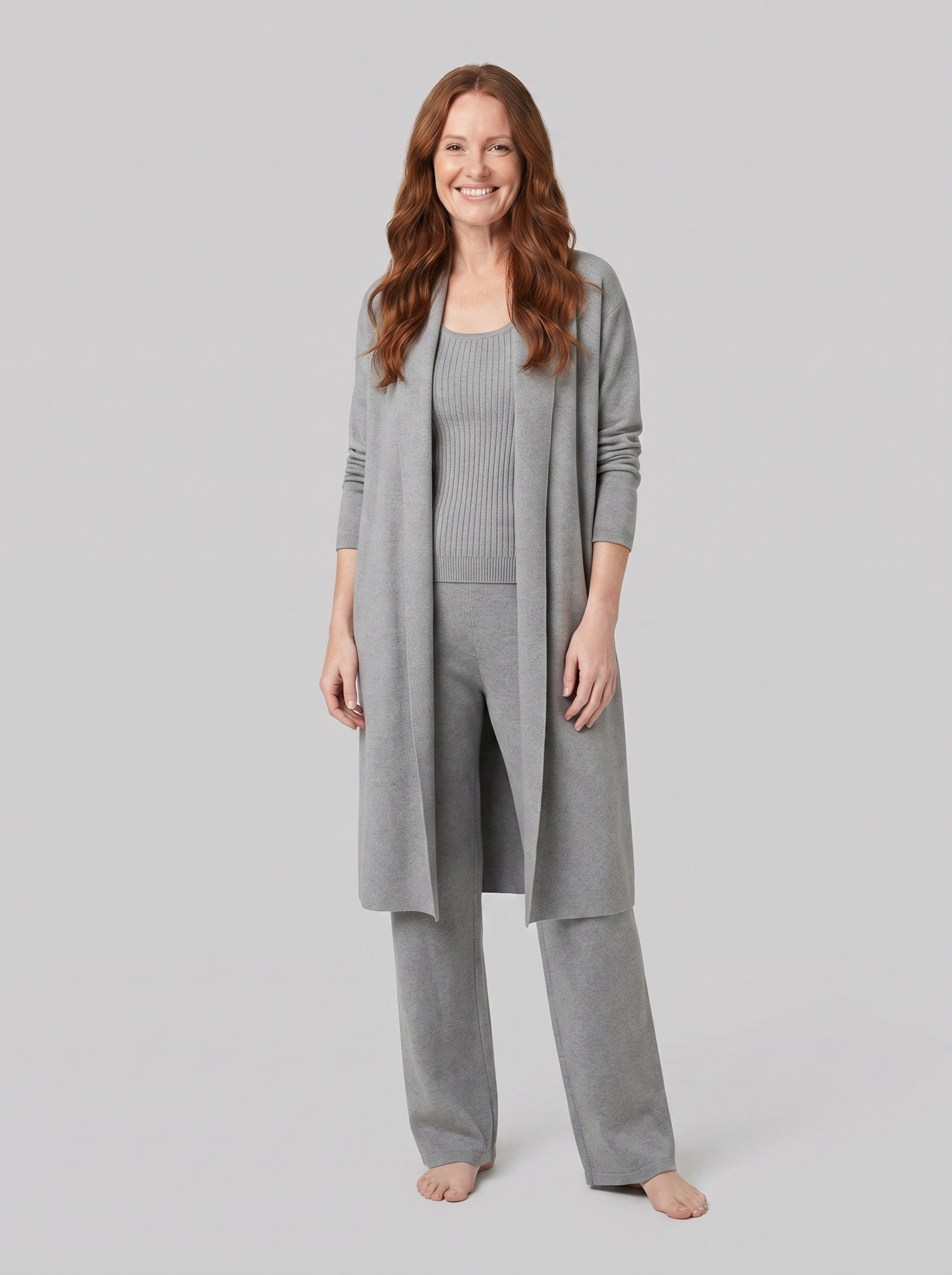 Anouk three-piece ribbed knit lounge set in grey on model
