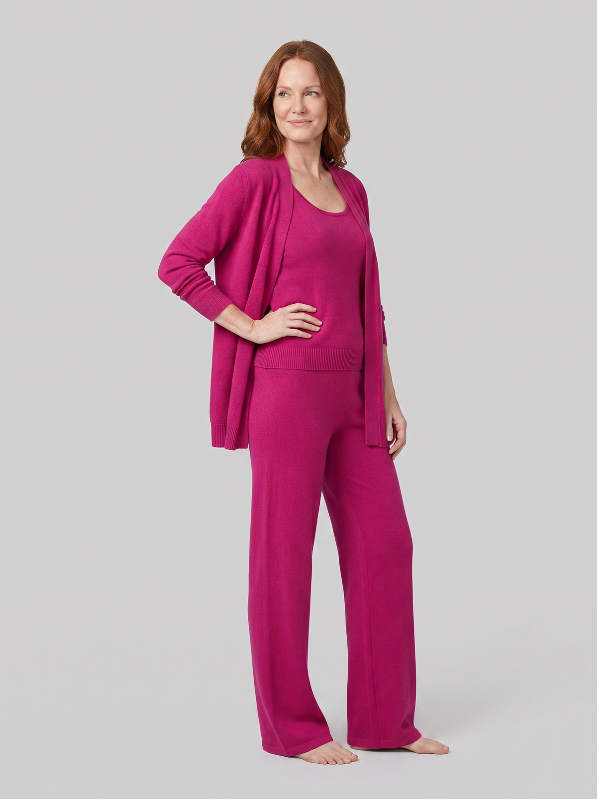 Anouk three-piece ribbed knit lounge set in magenta on model