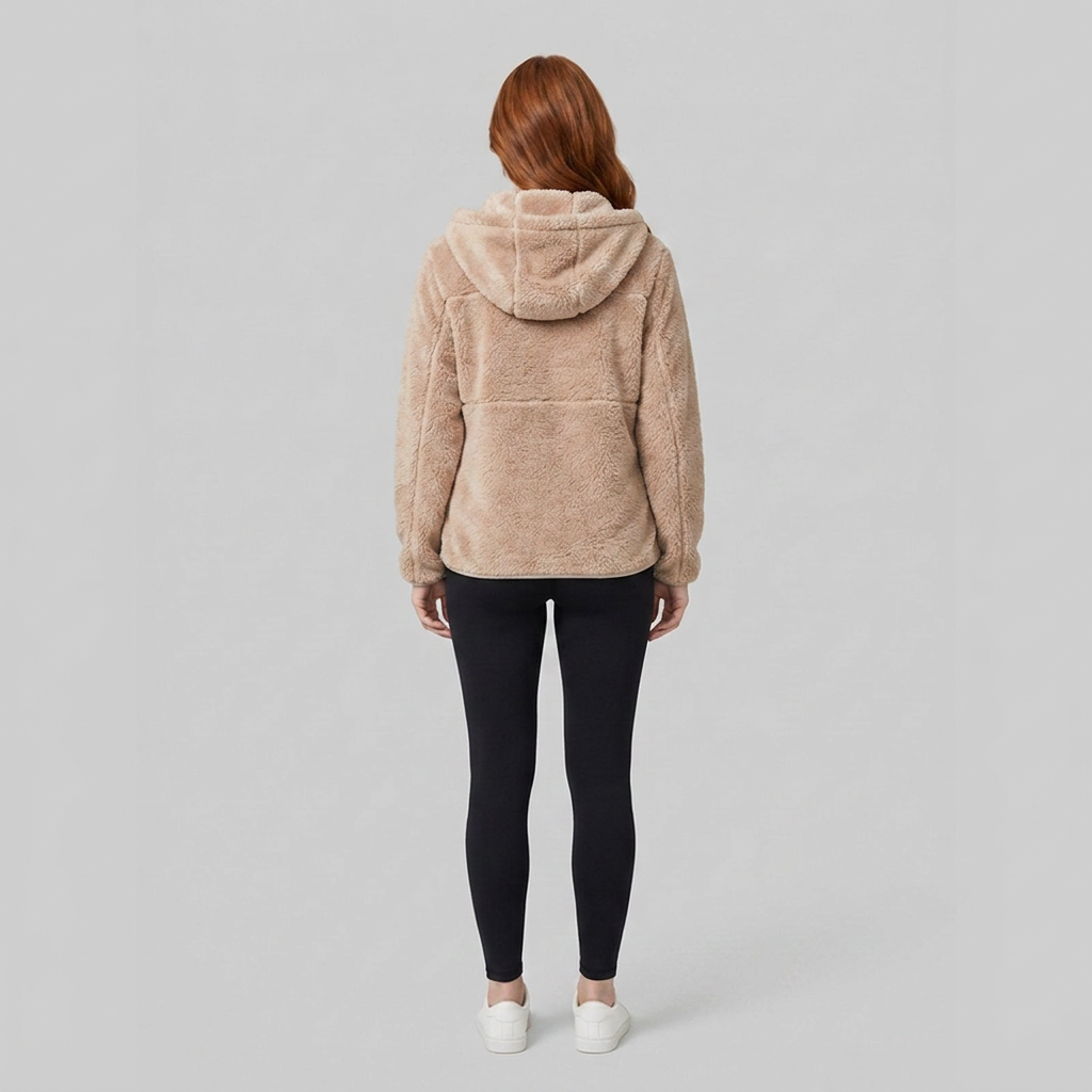 Arden hooded plush fleece jacket in beige, back view on model