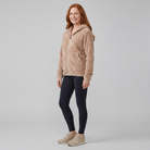 Arden hooded plush fleece jacket in beige on model