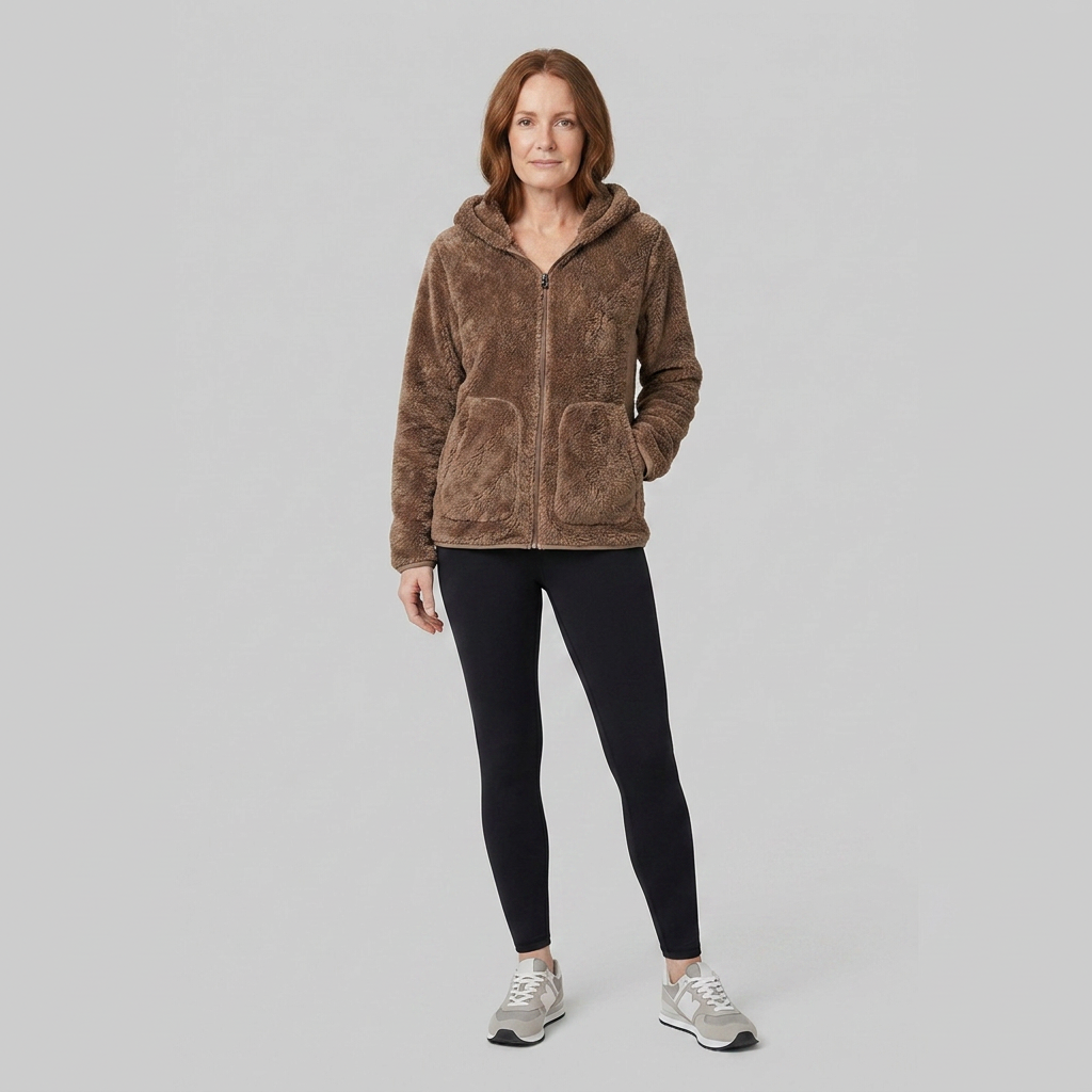 Arden hooded plush fleece jacket in brown on model