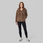 Arden hooded plush fleece jacket in brown on model