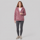 Arden hooded plush fleece jacket in dusty pink on model