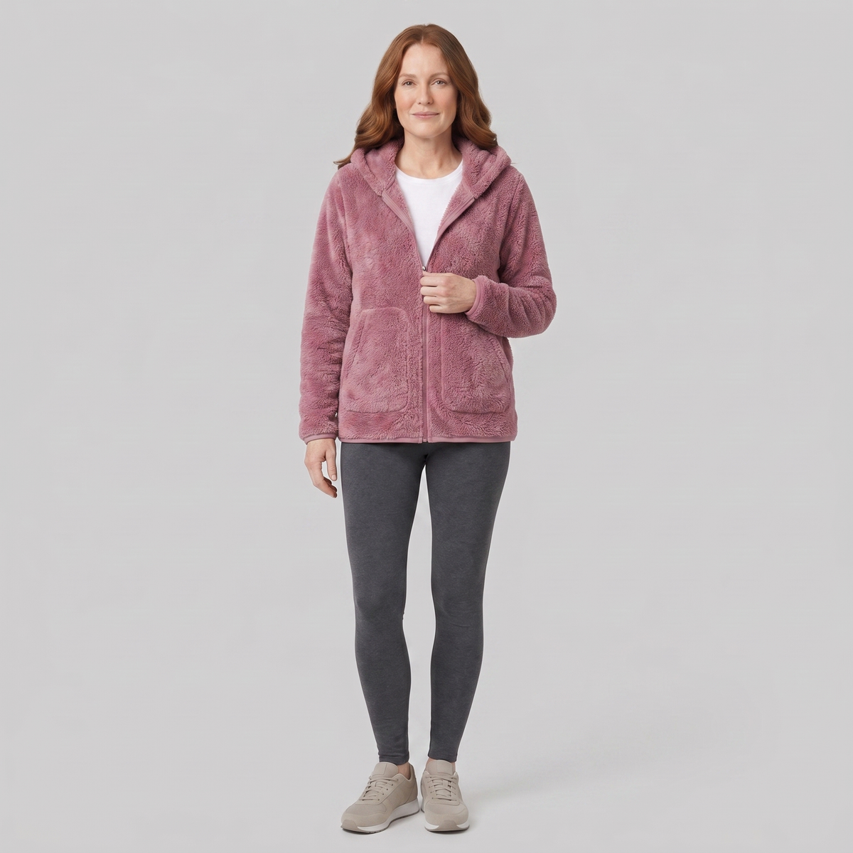 Arden hooded plush fleece jacket in dusty pink on model