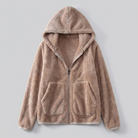 Arden hooded plush fleece jacket in beige, flat lay product shot