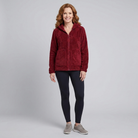 Arden hooded plush fleece jacket in red on model