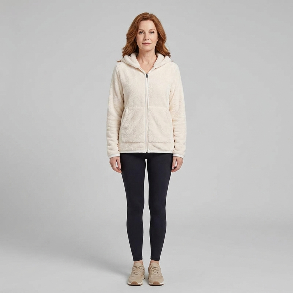 Arden hooded plush fleece jacket in white on model