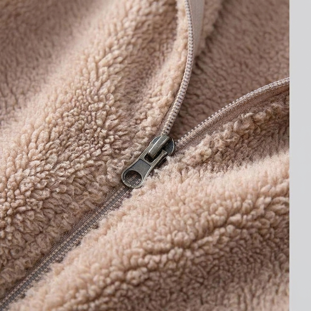 Arden fleece jacket zip and plush pile texture close-up