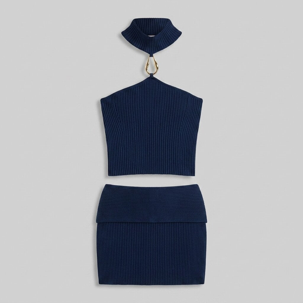 Astrid ribbed halter crop top and mini skirt set, flat lay product shot
