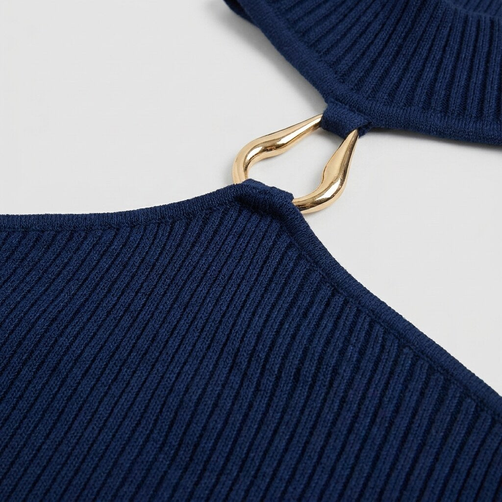 Astrid halter crop top rib texture and gold hardware close-up