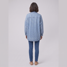 Avery denim shirt jacket in light blue, back view on model