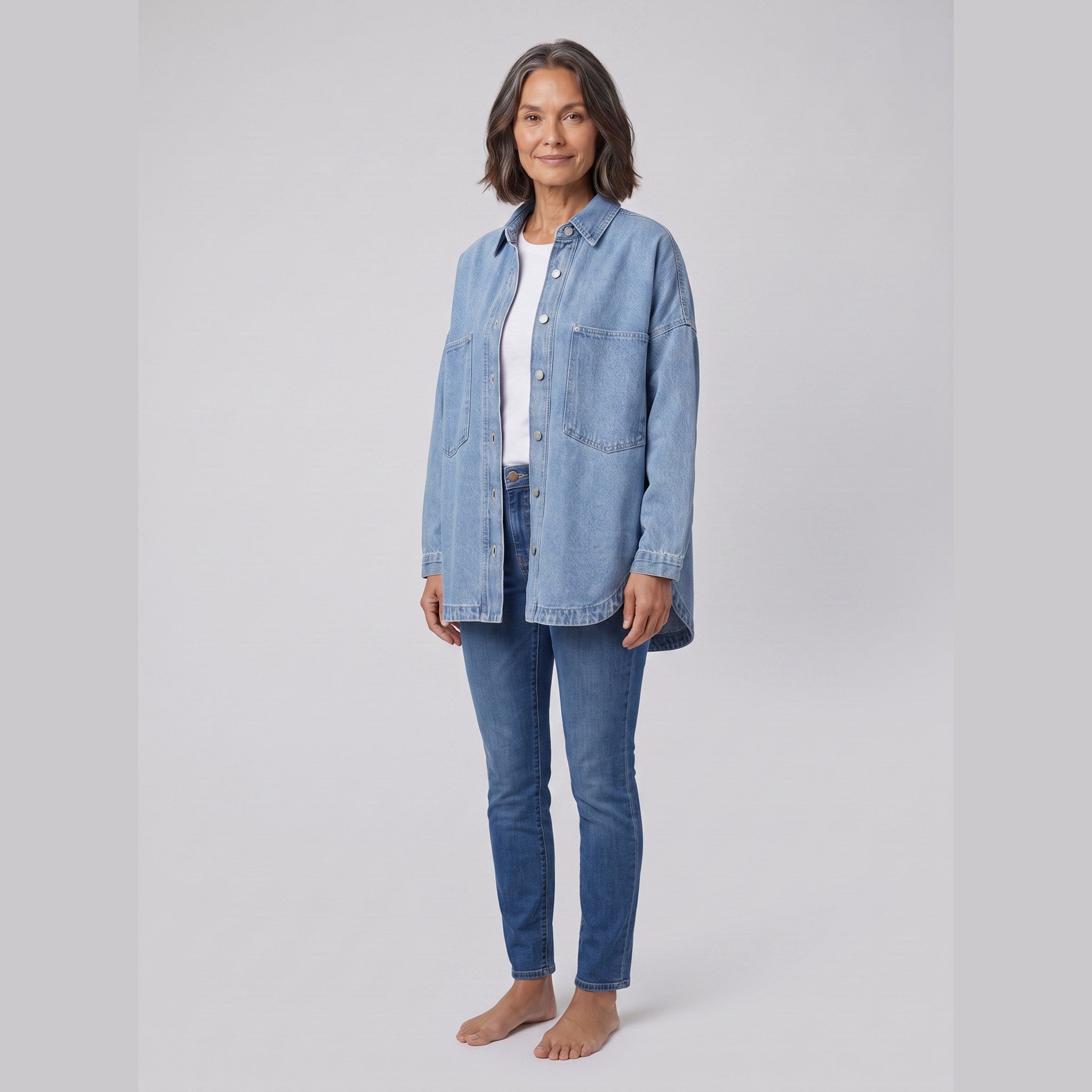 Avery denim shirt jacket in light blue, front view on model