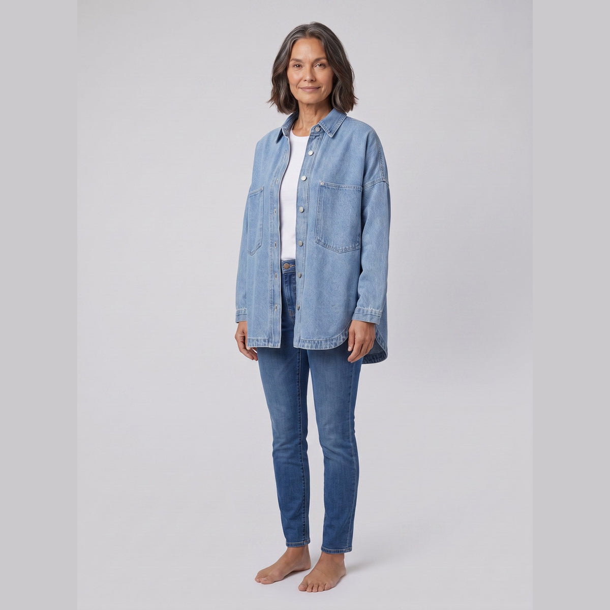 Avery denim shirt jacket in light blue, front view on model