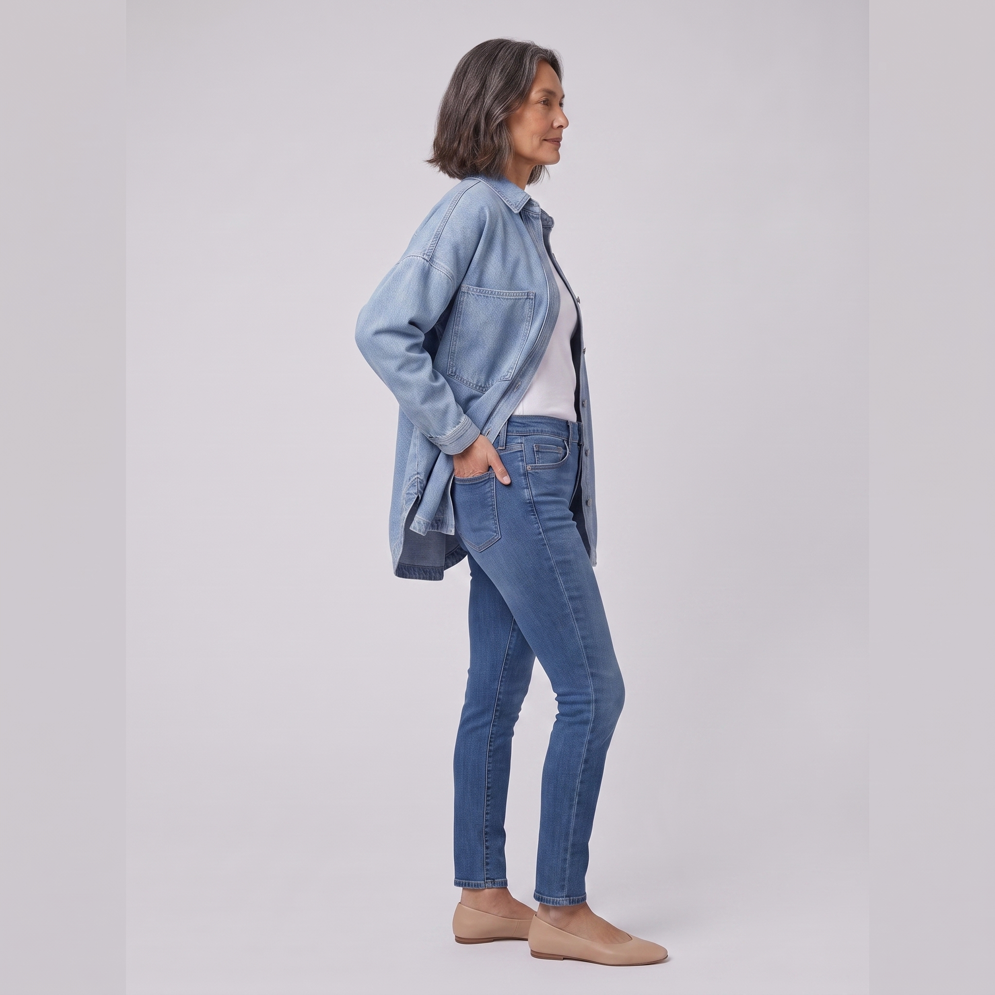 Avery denim shirt jacket in light blue, side view on model