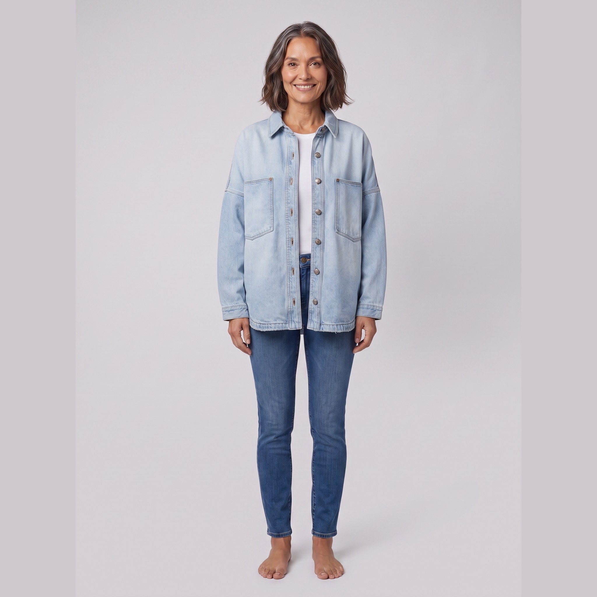 Avery cotton-blend denim shirt jacket in light blue on model