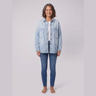Avery cotton-blend denim shirt jacket in light blue on model