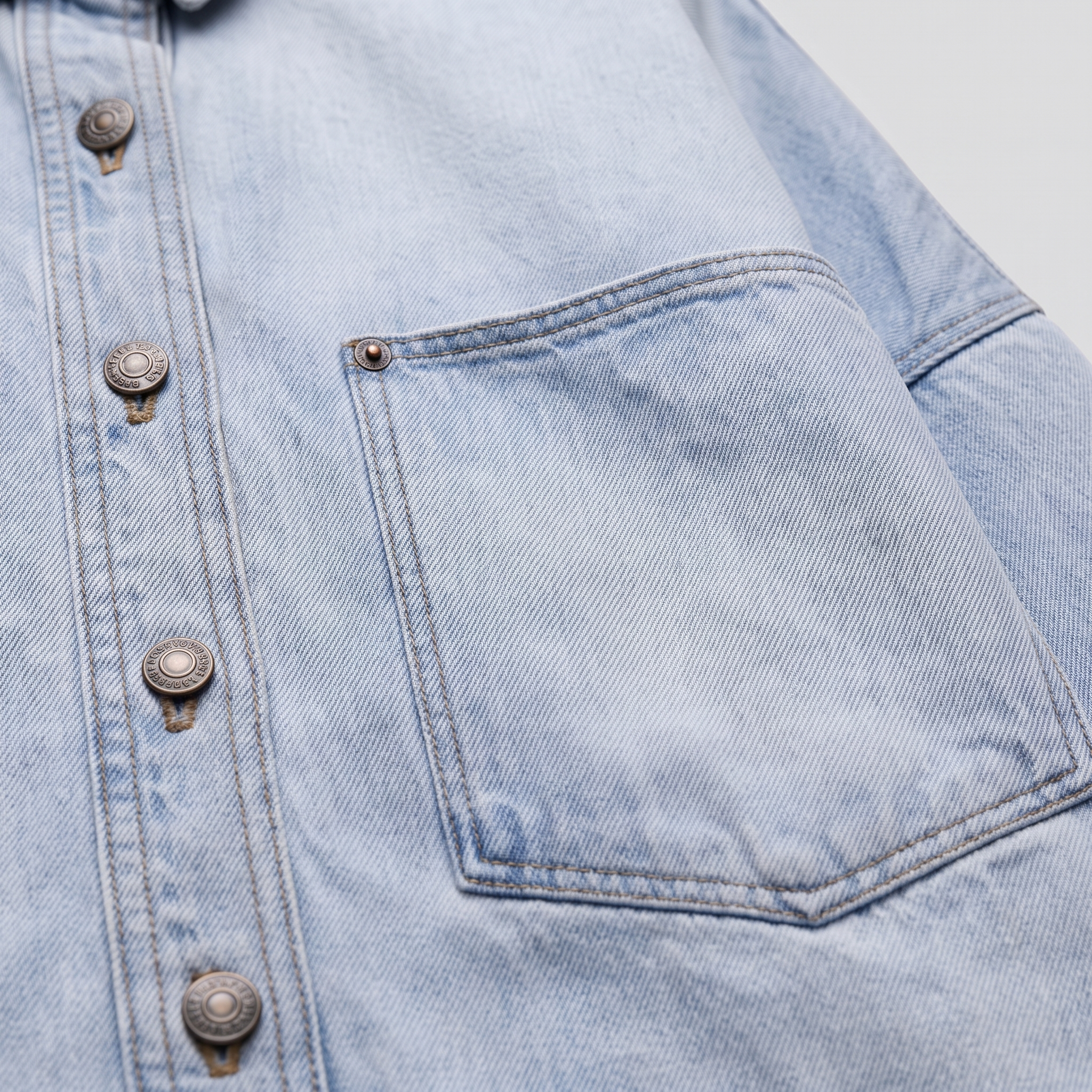 Avery denim shirt jacket chest pocket and buttons close-up