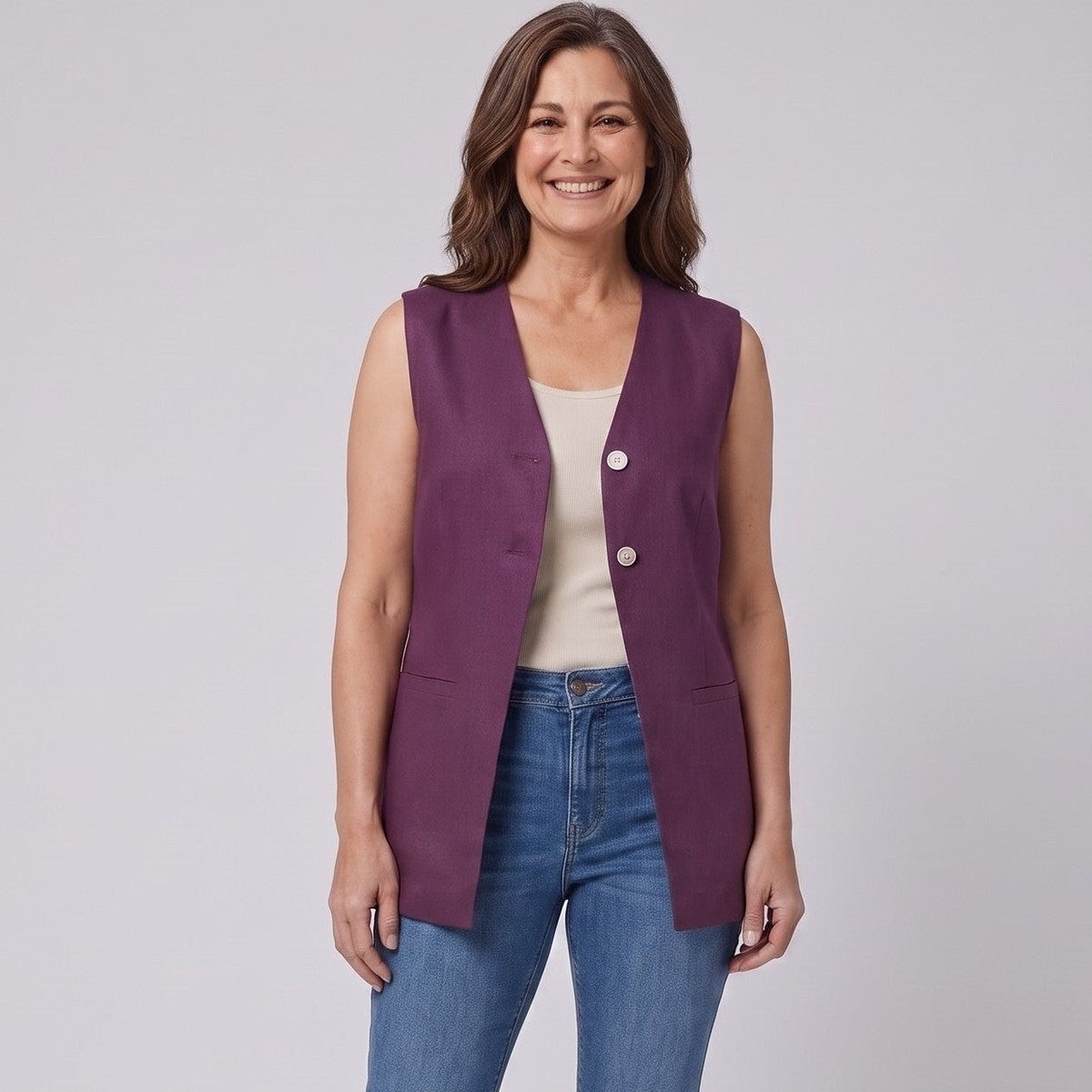 Longline waistcoat deep aubergine close-up